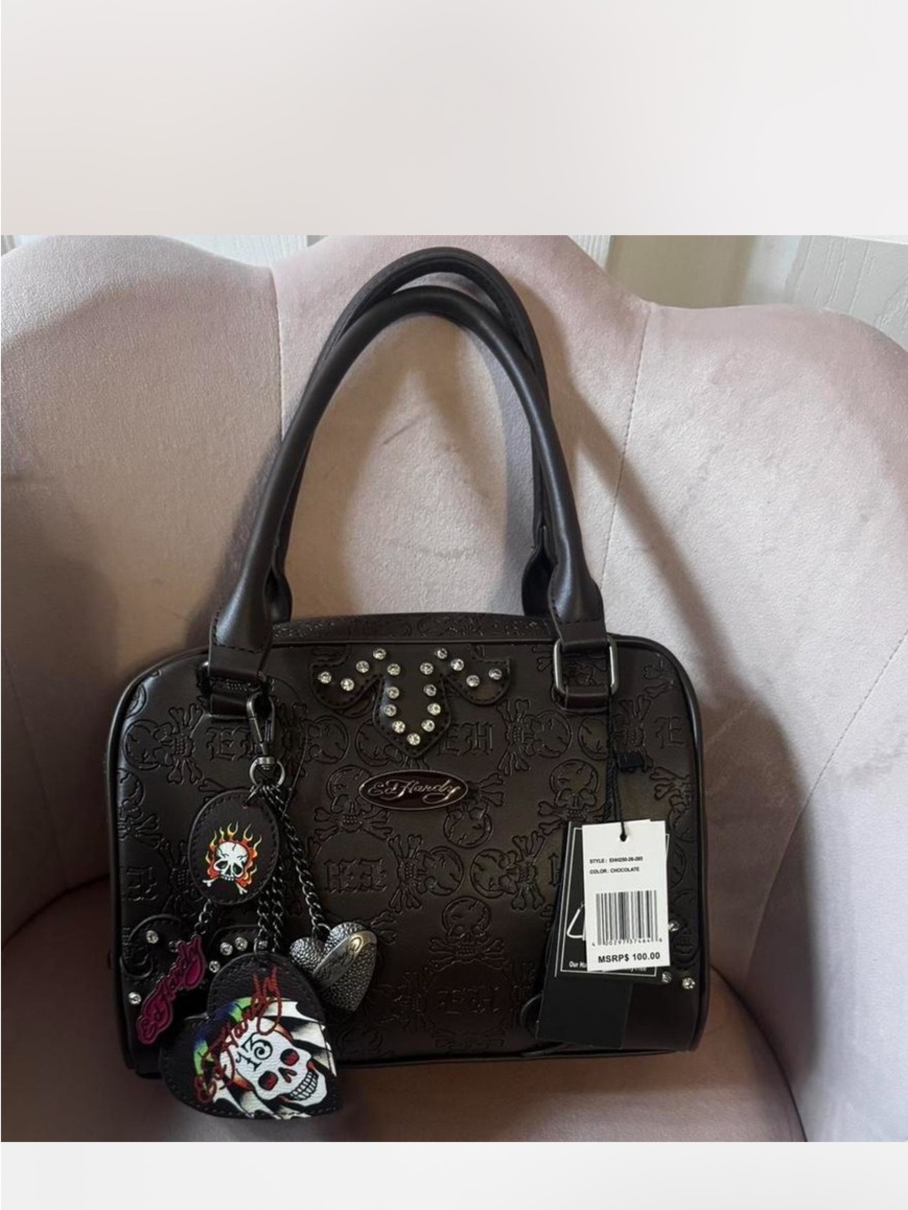 Ed Hardy Black Embossed Satchel with Stud Accents and Graphic Charms